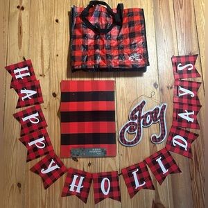Buffalo Plaid Holiday Banner, Joy sign, placemats and Reusable bag Set
